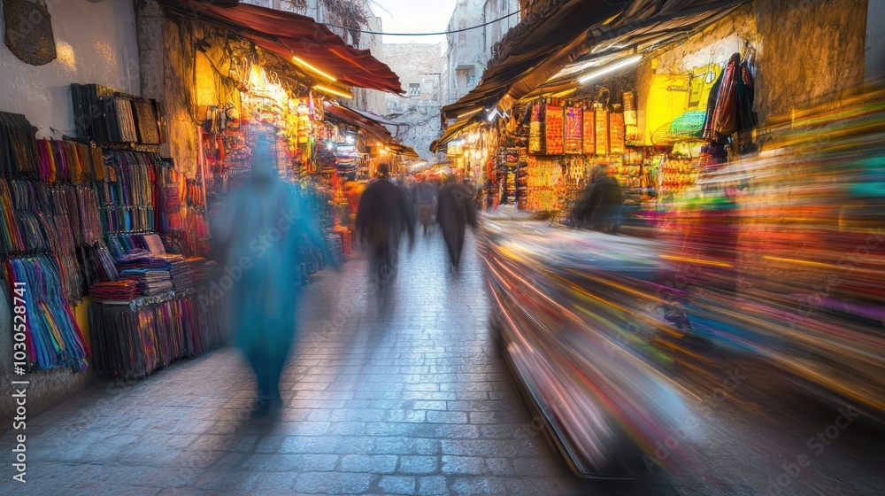 Poster A vibrant market scene with blurred figures and colorful stalls, evoking a lively atmosphere.