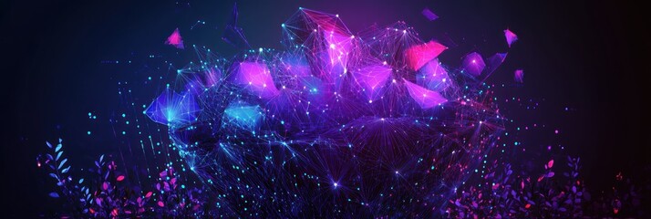 Abstract digital art featuring vibrant geometric shapes and glowing particles in a dark background.