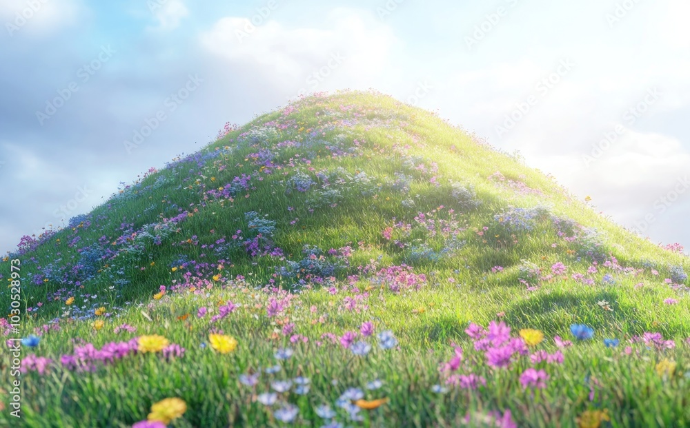 Canvas Prints A vibrant, flower-covered hill under a bright sky, evoking a sense of tranquility and nature.