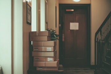 Packages neatly stacked near a door in a residential hallway during a quiet afternoon, showcasing home delivery services. Generative AI
