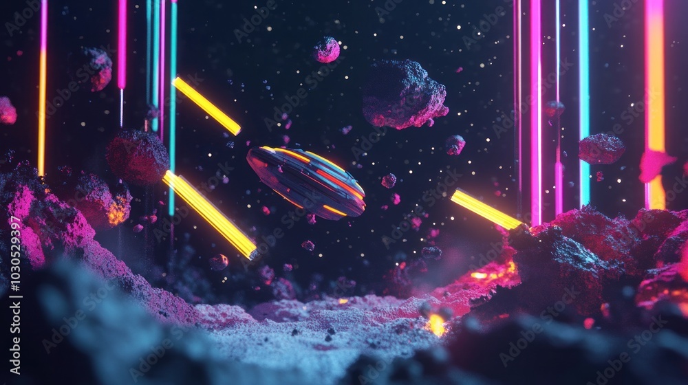 Sticker a futuristic spaceship navigates through an asteroid field with vibrant neon lights.