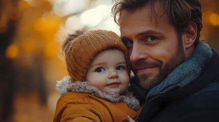 Obraz premium young father play with a little daughter in autumn park. Dad holding baby girl in hands. Happy family
