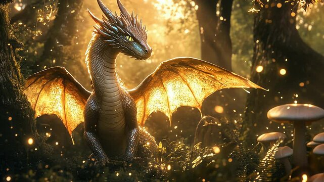 Majestic Golden Dragon Set Beautifully within an Enchanted Forest Setting