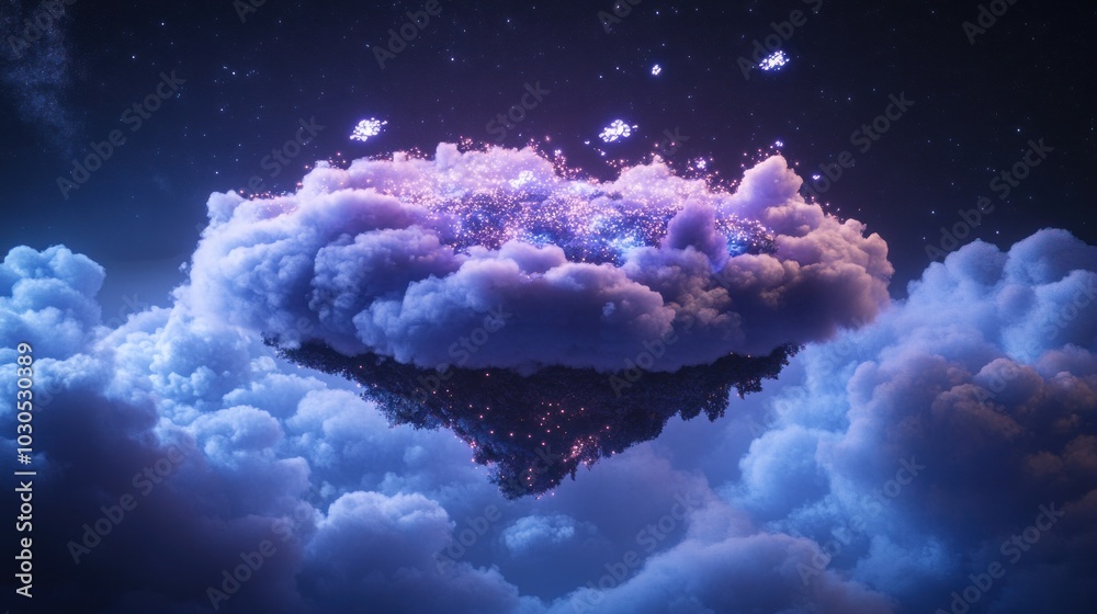 Wall mural a floating cloud formation illuminated with ethereal lights in a cosmic setting.