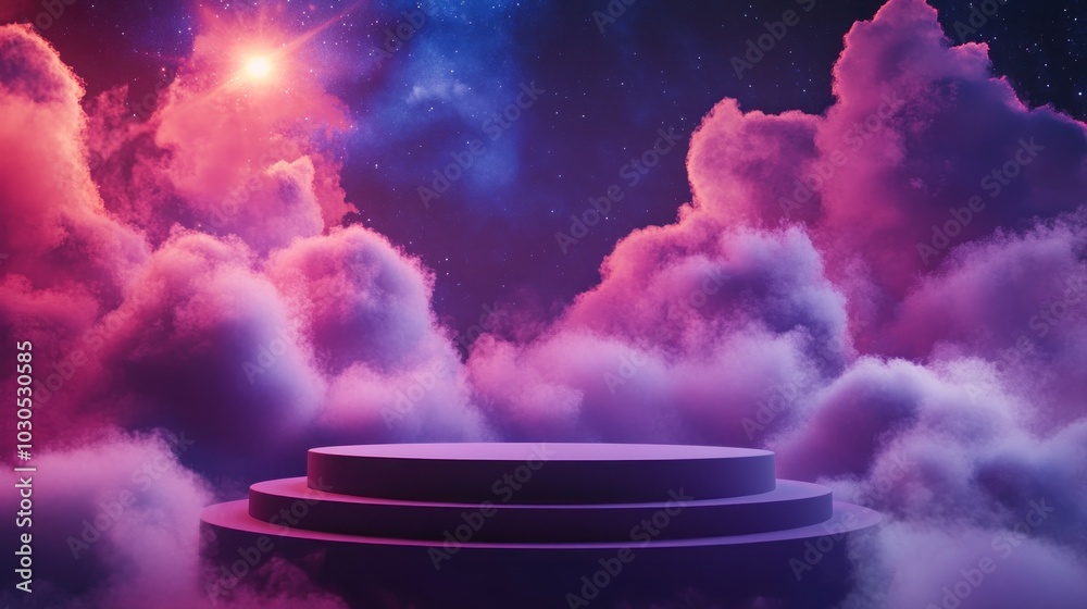 Wall mural a vibrant cosmic scene with colorful clouds and a circular platform under a starry sky.