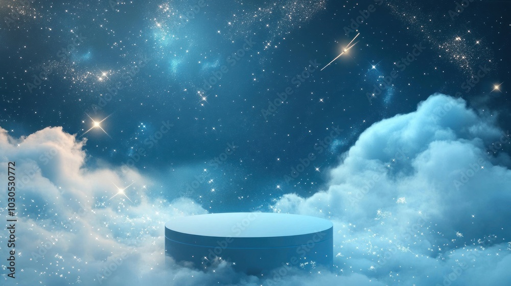Wall mural a serene cosmic scene with a circular platform surrounded by clouds and stars.