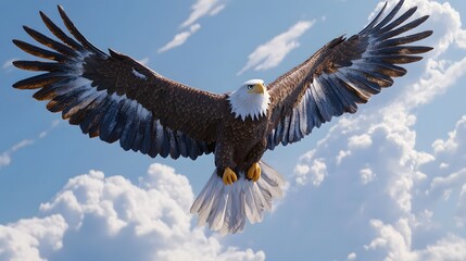 Naklejka premium A majestic Bald Eagle soaring high against a backdrop of fluffy clouds.