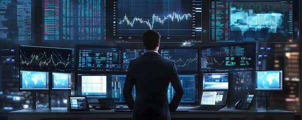 Business Broker Analyzing Global Financial Data on Multiple Screens in a Futuristic Urban Backdrop