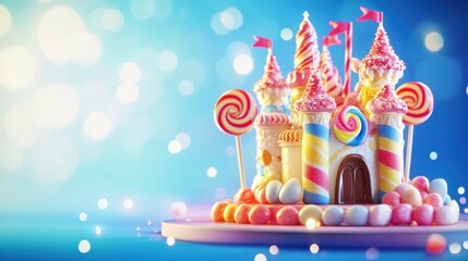 Obraz premium A whimsical cake designed as a colorful candy castle with lollipops and festive decorations.