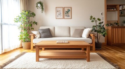 Obraz premium Cozy living room with a sofa, coffee table, and plants, creating a warm atmosphere.