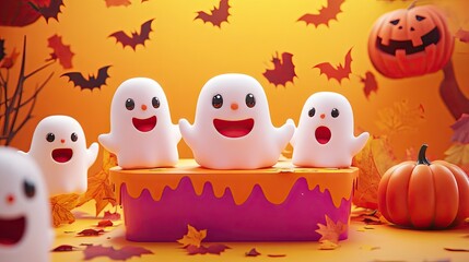A playful Halloween background with cute, smiling ghosts and a product display platform, perfect for festive marketing.