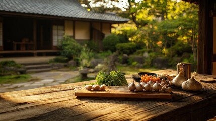 A serene kitchen scene with fresh vegetables set against a tranquil garden backdrop.