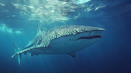 Fototapeta premium Majestic whale shark swimming gracefully in clear blue waters.