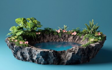 A serene rock pool surrounded by lush plants and flowers, creating a tranquil natural setting.