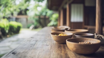 A serene outdoor setting with wooden bowls of food arranged on a rustic table.