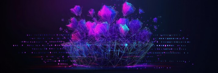 Obraz premium A vibrant, abstract representation of flowers in a geometric, digital landscape.