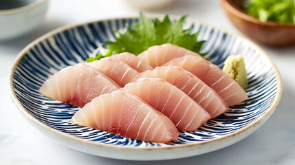 Fresh yellowtail sashimi on a traditional Japanese plate