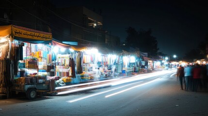 A vibrant night market scene with illuminated stalls and bustling activity.