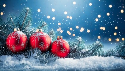 Decorative Christmas ornaments on snow with a bokeh background.