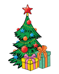 Christmas tree decorated star, balls and light bulb chain with gift boxes. Flat vector on transparent background.