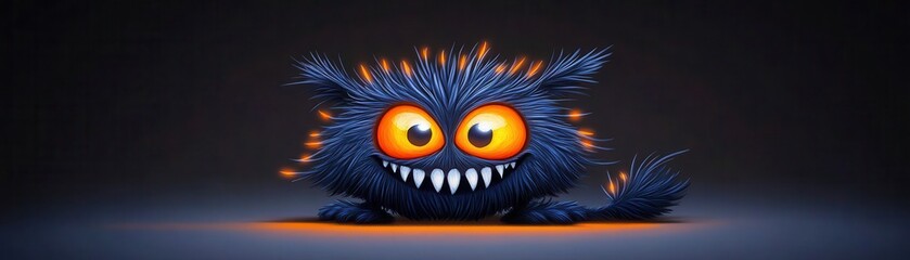 Obraz premium Petite, grotesque beast with a toothy grin, detailed illustration, dark background, glowing orange highlights