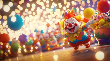 Obraz premium A colorful clown in a festive setting, surrounded by balloons and sparkling lights.