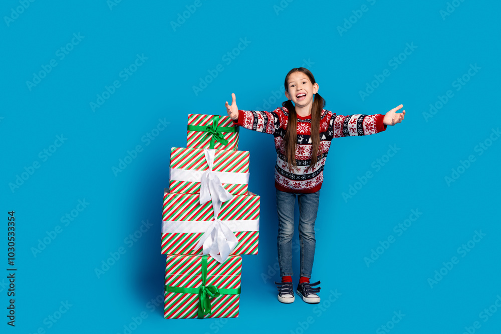 Poster Photo of lovely pretty cute girl wear ugly ornament sweater receive christmas gifts isolated on blue color background