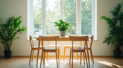 Bright and inviting dining area with a wooden table, chairs, and indoor plants creating a cozy atmosphere.