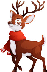 Illustration of a cheerful cartoon reindeer with large antlers and a red scarf, perfect for Christmas, holiday, and winter-themed designs.