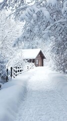 Naklejka premium Serene Snowy Path to Cozy Cabin Retreat
