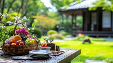 A serene outdoor setting with a basket of fruits and a peaceful garden in the background.