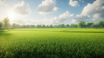 Obraz premium Green rice fields with clear skies and sunshine