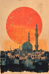 Obraz premium Qom, classic traditional wood block print effect. Woodblock printing. Graphic designed, illustration for travel poster, card, wallpaper, backdrop or banner. Modern, trendy