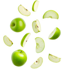 Falling Green Apple Slices and Whole Apples Isolated on a Transparent Background