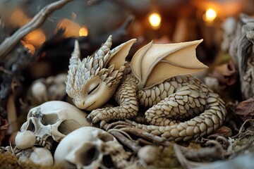 Obraz premium A sleeping dragon curled around skulls in a mystical setting illuminated by soft lights. Generative AI