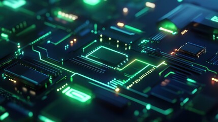 Fototapeta premium Neon circuit board design glowing in vibrant shades of green and blue, representing modern technology.