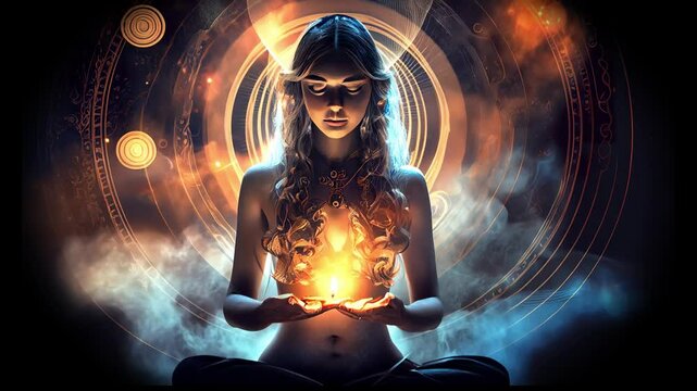 a woman meditating  holding glowing candles with light, surrounded by majestic flying energy light on the background to improve inner peace and self healing   