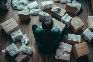A person sits among unpacked boxes in a living room surrounded by shipping materials, reflecting on their recent deliveries. Generative AI