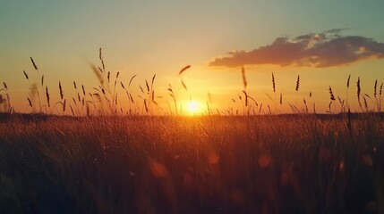 Obraz premium Serene Sunset Over Grass Field