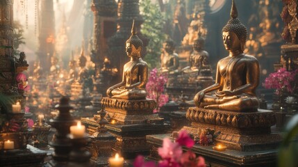 A sacred Thai temple filled with various beautiful Buddha statues, radiating a sense of devotion and peace, ideal for spiritual and cultural themes