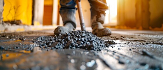 Construction worker in yellow gear at renovation site, handling dark material likely asphalt. Tools around show meticulous labor and attention to detail.