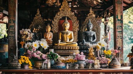 Obraz premium A serene Thai temple adorned with numerous Buddha statues, each radiating spiritual beauty and calm, creating an atmosphere of reverence
