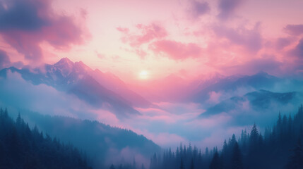 Fototapeta premium Soft mist enveloping a valley at sunrise, with the sky transitioning from pink to light blue. A calm, ethereal scene where nature meets the morning light.