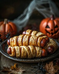 Halloween-themed plate of mummy hot dogs with spooky decorations and jack-o'-lanterns in the background