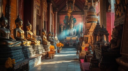 Fototapeta premium A beautiful Thai temple filled with sacred Buddha statues, exuding an atmosphere of faith and spiritual peace, perfect for cultural photography
