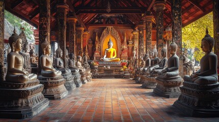 Obraz premium A beautiful Thai temple filled with sacred Buddha statues, exuding an atmosphere of faith and spiritual peace, perfect for cultural photography