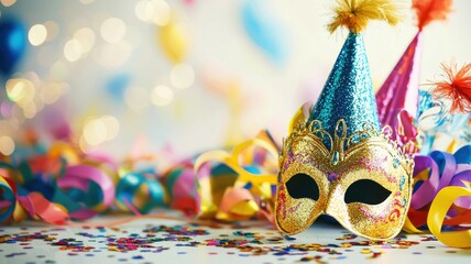 Carnival masks and confetti on table