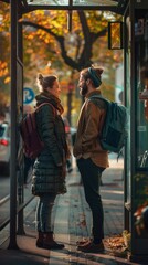 A young couple in winter attire, with backpacks, chat happily at a city bus stop, adding a romantic vibe to the urban-nature blend.