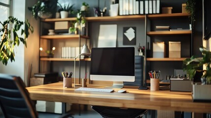 A modern workspace featuring a computer, desk, and organized shelves.