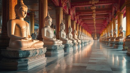 Fototapeta premium A majestic Thai temple surrounded by numerous Buddha statues, symbolizing peace, faith, and devotion, perfect for spiritual and cultural photography
